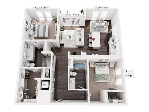 A floor plan of a small apartment with a bedroom, living room, kitchen, and bathroom.